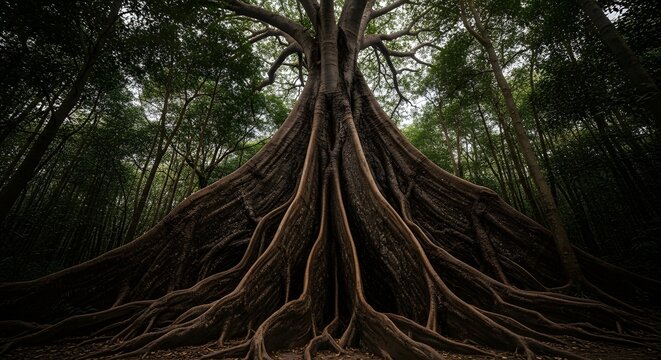 Giant Tree Roots Entering Dark Tropical Forest Undergrowth