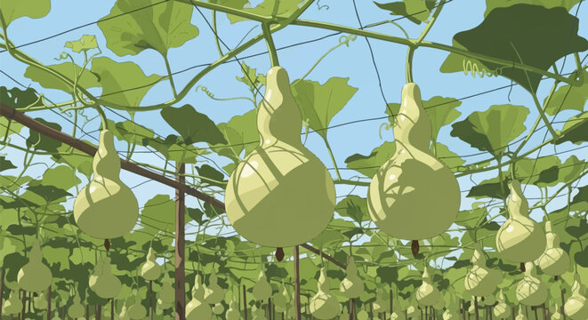 Illustration of light green bottle gourds hanging from a trellis with green leaves and vines against a clear blue sky, depicting a traditional calabash vegetable farm garden.