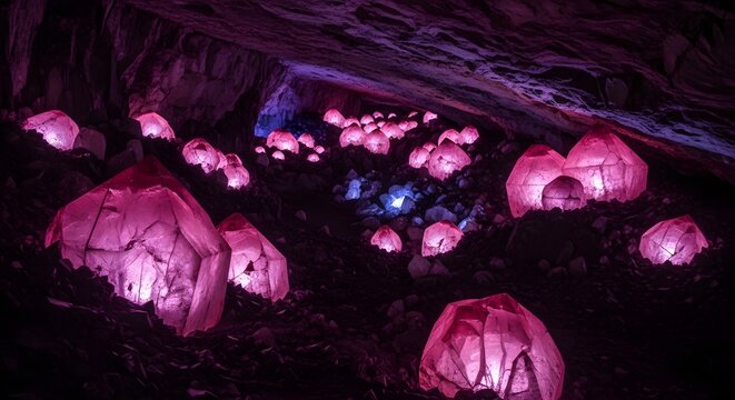 Luminous Cave Interior with Pink Crystal Formations and Glow