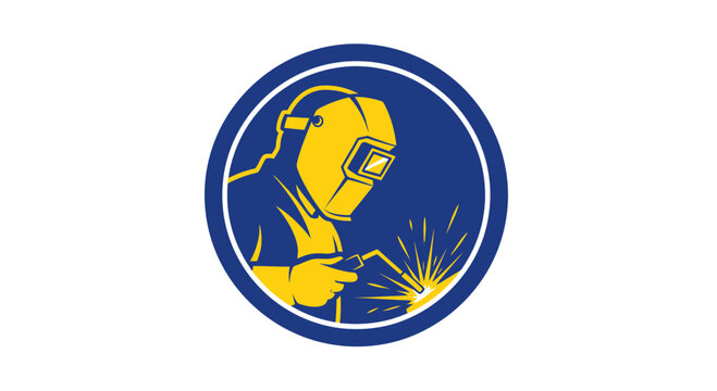 Welder in protective gear welding metal, sparks flying, industrial logo