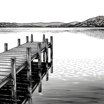 Wooden pier on calm lake with distant hills, ink sketch.