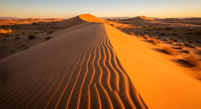 Golden Dune Ripples at Sunset in Arid Desert Landscape