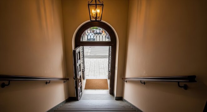 Archway leading to bright outdoor passage.