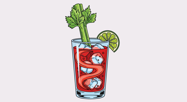 Bloody Mary cocktail with lime and celery garnish, ice, and straw in a tall glass