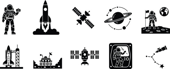 Space exploration icon set, astronaut, rocket launch, satellite, planet orbit, telescope, space station, rover, galaxy, science, discovery, technology © MDMAHOMUDUL