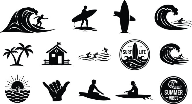 Surfing and beach lifestyle icon collection showing waves, surfboards, surfers, palm trees, sun, and summer vibes concept for ocean adventure design