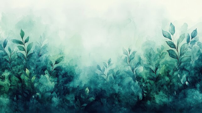 Abstract Watercolor Forest Canopy With Lush Green Teal Blue Foliage Soft Hazy Light Background