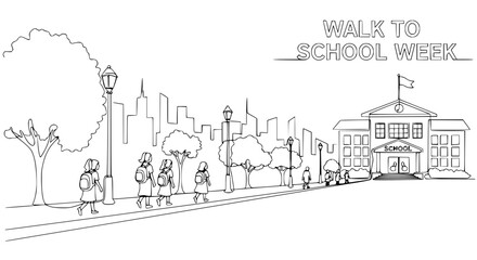 Fototapeta premium Children walking to school during Walk to School Week, urban cityscape background, illustration