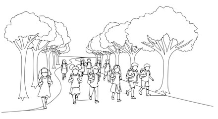 Obraz premium Children walking to school on a tree-lined path, illustration
