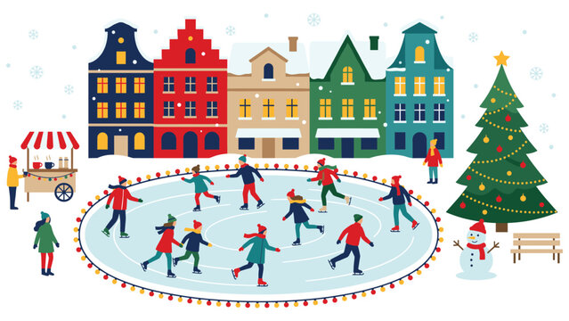 Winter city scene with people ice skating on a rink, surrounded by festive decorations.