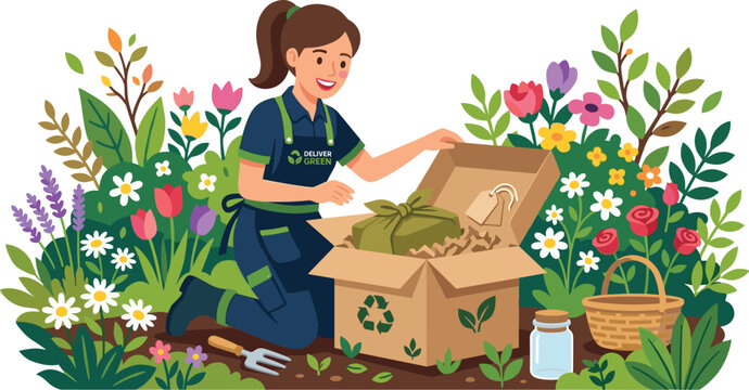 Happy young woman wearing a green delivery uniform opening a sustainable subscription box in a lush blooming flower garden.