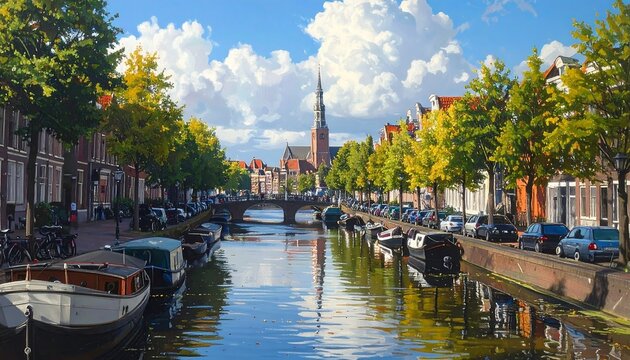A picturesque European canal scene with lined buildings, boats, a bridge, and a tall church spire under a bright cloudy sky