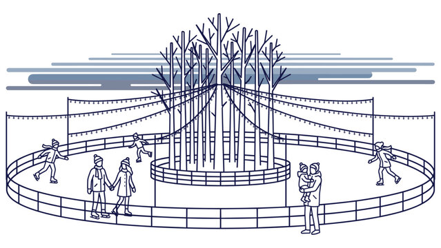 People ice skating in outdoor rink surrounded by bare trees at night.