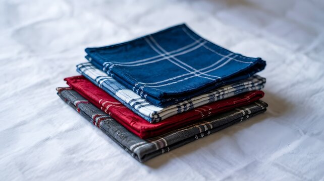 Folded colorful cotton handkerchief fabric stack on soft background