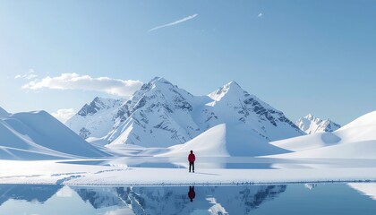 Fototapeta premium Serene Snowy Mountain Landscape with a Lone Figure Gazing at the Majestic Peaks Reflected in Calm Water