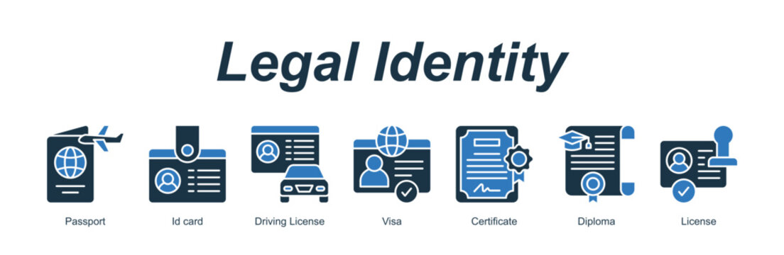 Legal Identity banner web icon vector illustration concept with an icon of Passport, Id card, Driving License, Visa, Certificate, Diploma, License 