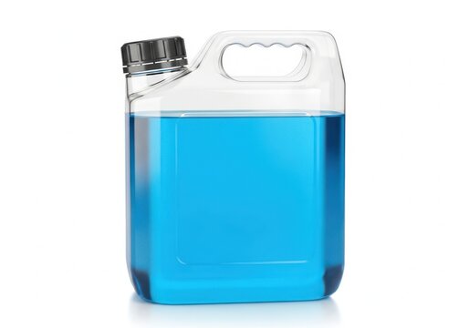 Clear plastic jug with blue liquid and a black screw cap lid