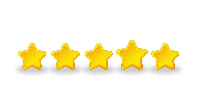 Four golden stars animate appearing on white background then transition to green screen for full five stars.