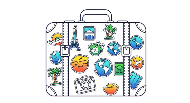 Vintage Suitcase Covered in Travel Stickers: Eiffel Tower, Globe, Palm Trees, Camera, Mountains