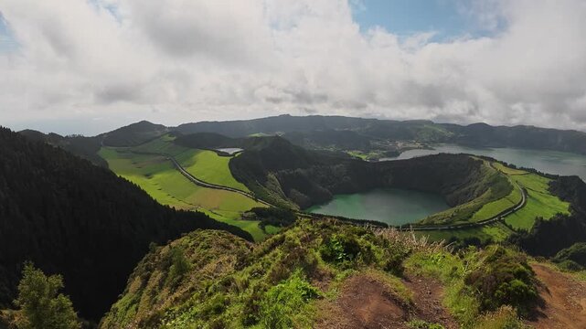 Panoramic view of Sete Cidades lakes from mountain top, Azores