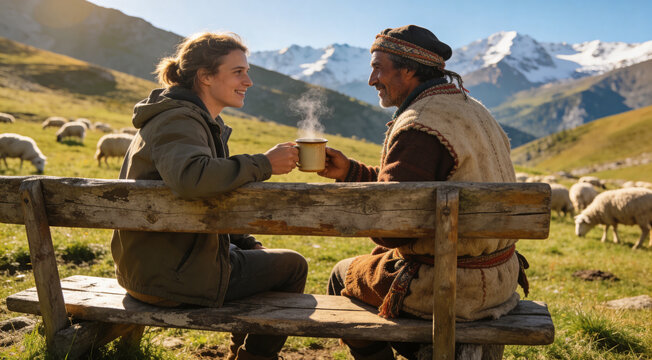 Young traveler and traditional mountain shepherd sharing a hot drink on a rustic bench, cross-cultural friendship in a scenic highland pasture with grazing sheep and snow-capped peaks, concept of auth