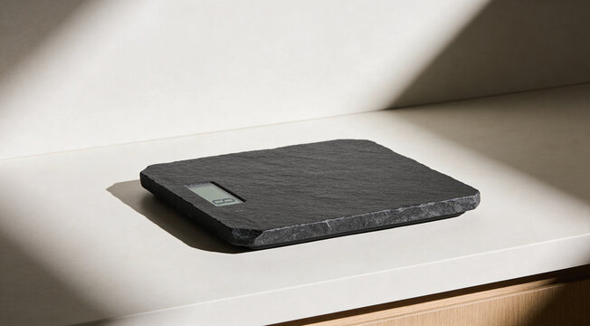 Modern digital kitchen scale with a black slate-textured finish on a white minimalist countertop, contemporary food weighing scale with LCD display, concept of precision cooking and smart kitchen desi