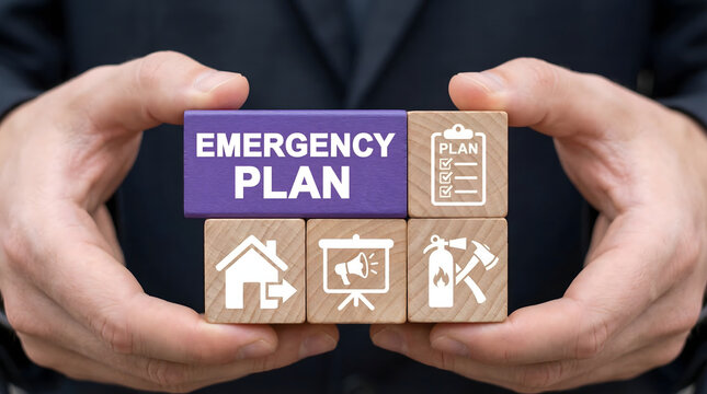 Businessman holding wooden blocks with emergency plan and crisis management icons for disaster preparedness