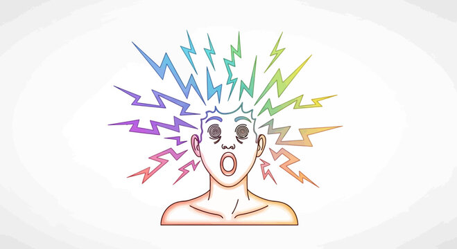 Shocked person with colorful lightning bolts exploding from head, concept of idea, stress, or overload