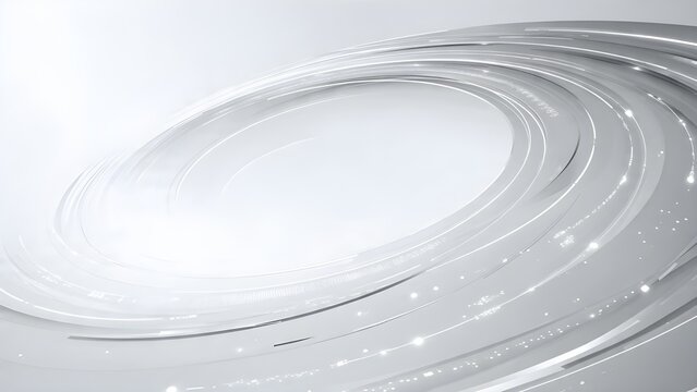 Abstract white elliptical wave composition with smooth curves and glowing particle accents, minimal futuristic background.