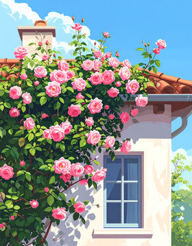Pink roses growing on a house