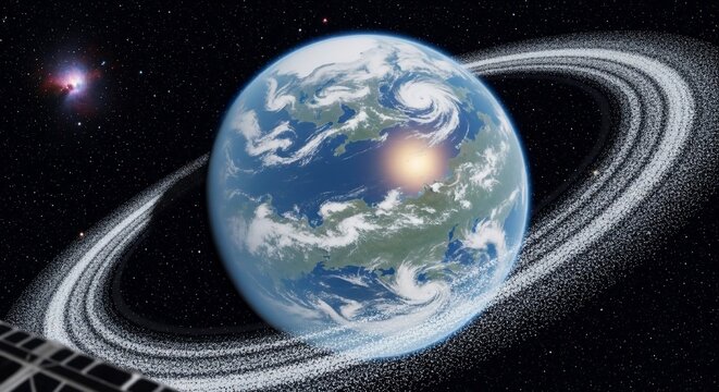 Planet with rings in space