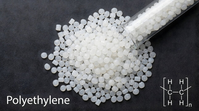 Polyethylene pellets spilled from tube on dark background with chemical formula