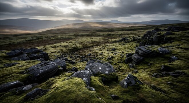 Moody moorland landscape under dramatic cloudy sky