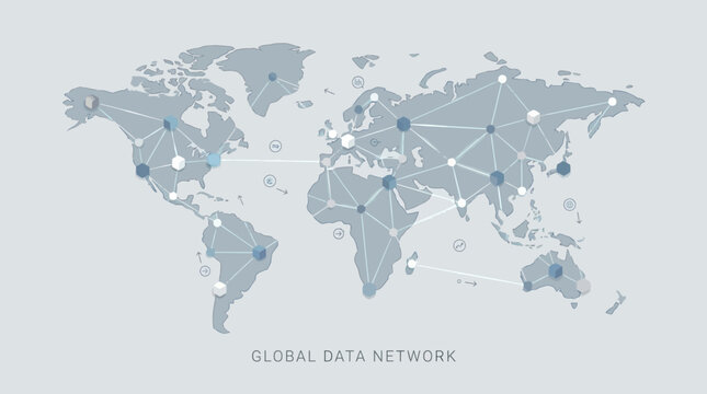 Global data network connections span across the world map