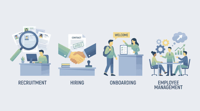 Recruitment and hiring process with onboarding and employee management in office