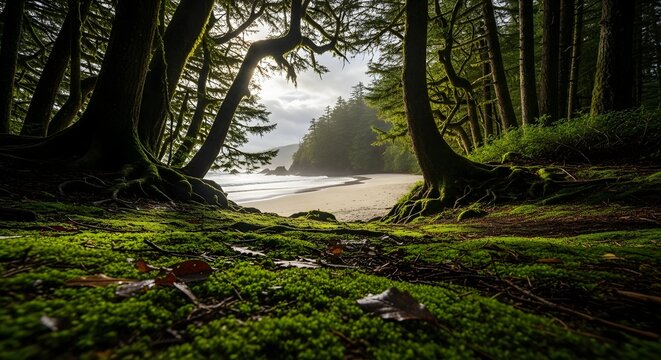 Mystical forest path opening to a misty beach landscape