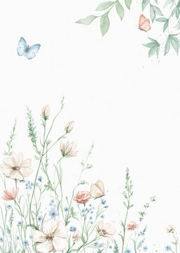 Watercolor vintage summer composition card with various wildflowers and butterflies on paper texture. Hand drawn illustration sketch