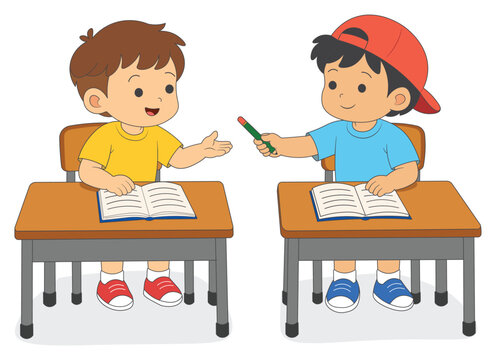 Kid lending pencil to classmate at school, children helping friend in classroom
