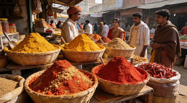 Vibrant Indian spice market with mounds of colorful turmeric, chili, and cumin powder in wicker baskets, people shopping at a traditional street bazaar, concept of authentic culinary culture and globa