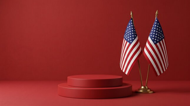 Red podium stage with USA desk flags for product presentation