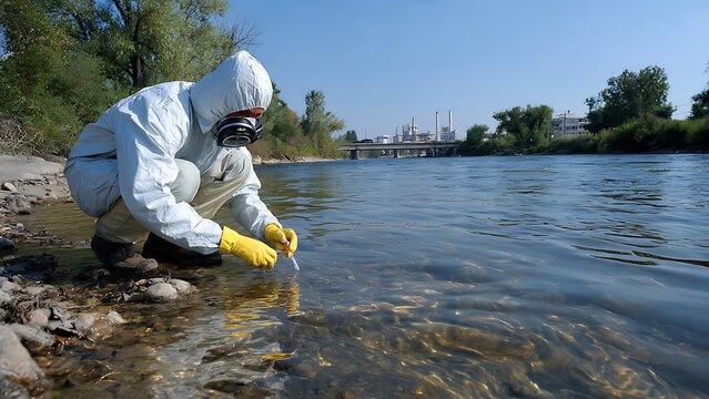 Scientist in hazmat suit and respirator collecting water samples from a river for environmental testing. Ecological research, pollution monitoring, and liquid analysis