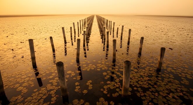 Rural dock pilings reflecting sunset over still calm water