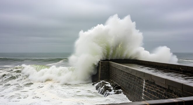 Powerful ocean waves crashing against stone seawall barrier