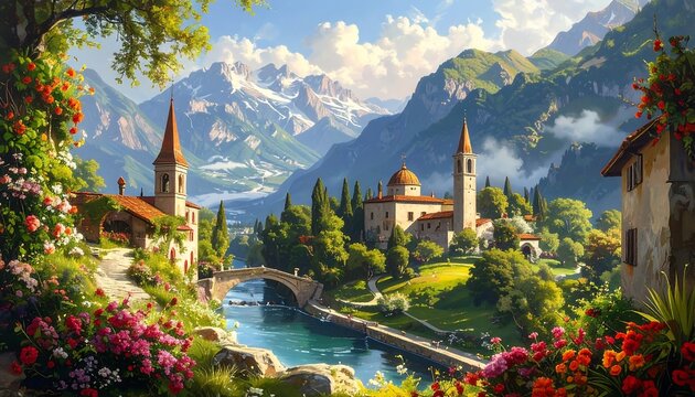 A picturesque European village nestles along a tranquil river, embraced by lush greenery, vibrant flowers, and towering snow-capped mountains