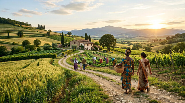 Paysage rural avec chemin et collines verdoyantes