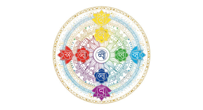 Intricate circular mandala depicting the seven chakras with Sanskrit symbols and lotus petals, symbolizing spiritual energy and balance.