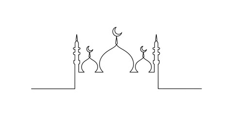Minimalist line art of a mosque with domes and minarets, islamic architecture symbol Vector, illustration © Badhon_Art Gallery