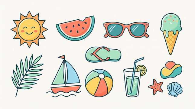 Ic&ocirc;nes d&rsquo;&eacute;t&eacute; avec objets de vacances color&eacute;s