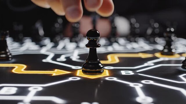 Strategic Business Move with a hand moving a chess piece on a glowing digital circuit board for corporate strategy and technology innovation concepts.