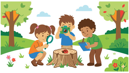Diverse children investigating ladybug on tree stump with camera and magnifying glass toy. © Md